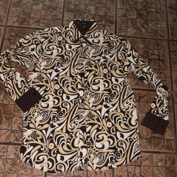 Dtek Jeans Men Shirt Sz Large Brown White Double Collar French Cuffs‎ EUC - Picture 1 of 5